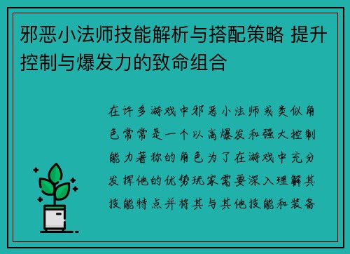 邪恶小法师技能解析与搭配策略 提升控制与爆发力的致命组合