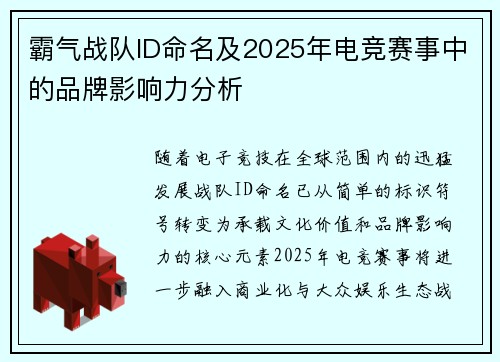 霸气战队ID命名及2025年电竞赛事中的品牌影响力分析