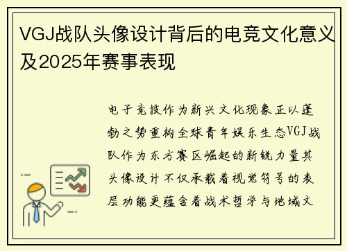 VGJ战队头像设计背后的电竞文化意义及2025年赛事表现